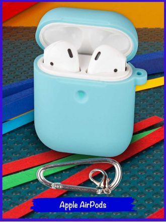 Чехол для Apple AirPods. Голубой. Карабин.